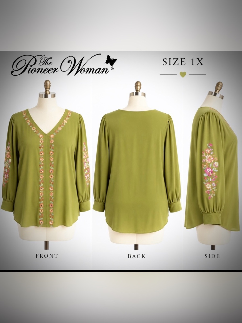 The Pioneer Woman - 1X- Olive Green Embroidered V-Neck Tunic